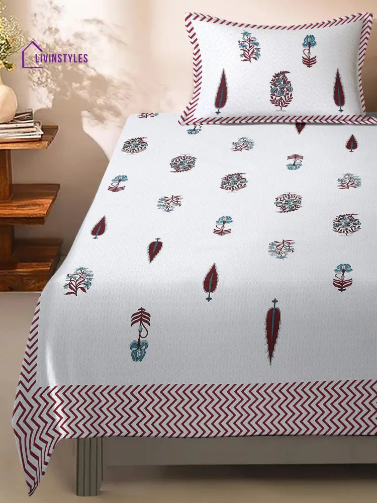 White And Red Ethnic Motif Print 144 Tc Cotton Single Bed Sheet With 1 Pillow Cover