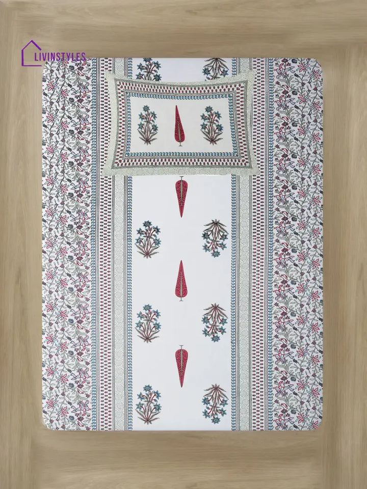 White And Red Ethnic Motif Print 144 Tc Cotton Single Bed Sheet With 1 Pillow Cover