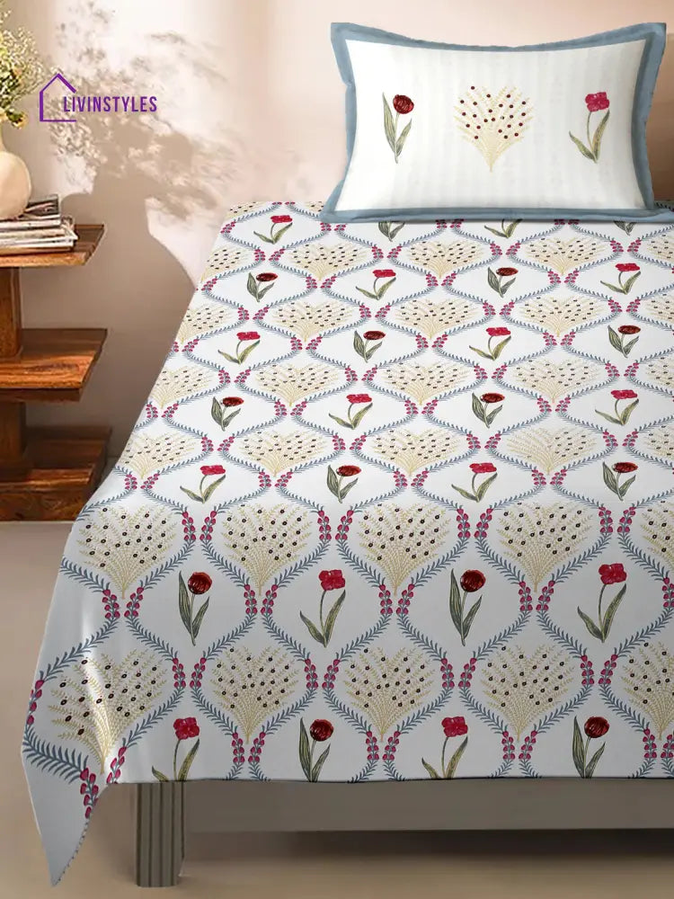 White And Red Floral Cotton Single Bed Sheet With 1 Pillow Cover