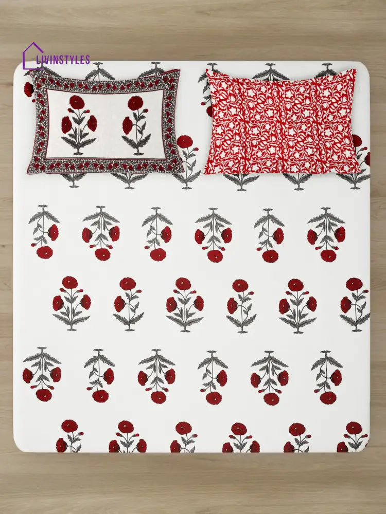 White And Red Floral Print 180 Tc Cotton Double Bed Sheet With 2 Pillow Covers