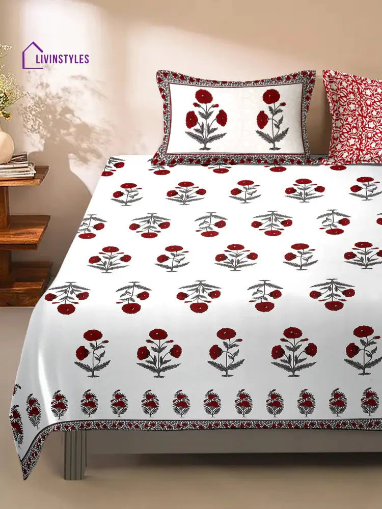 White And Red Floral Print 180 Tc Cotton Double Bed Sheet With 2 Pillow Covers