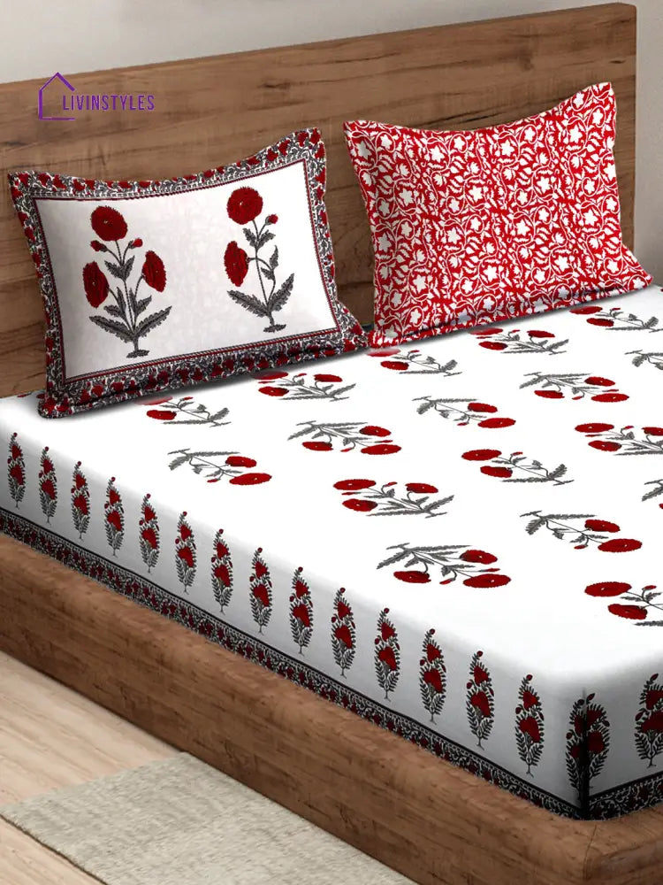 White And Red Floral Print 180 Tc Cotton Double Bed Sheet With 2 Pillow Covers