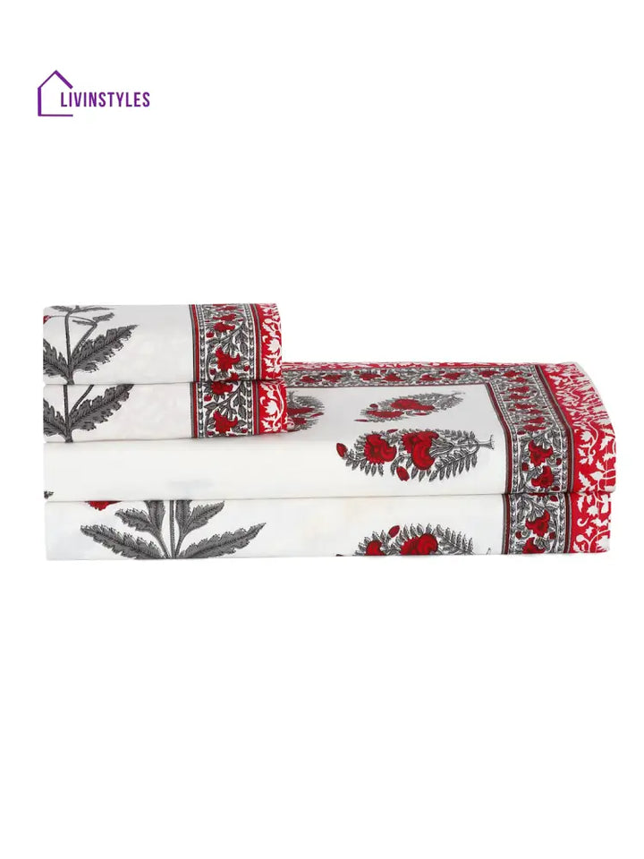 White And Red Floral Print 180 Tc Cotton Double Bed Sheet With 2 Pillow Covers