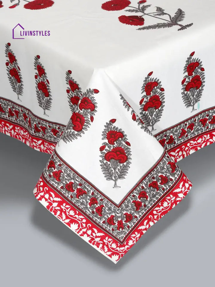 White And Red Floral Print 180 Tc Cotton Double Bed Sheet With 2 Pillow Covers