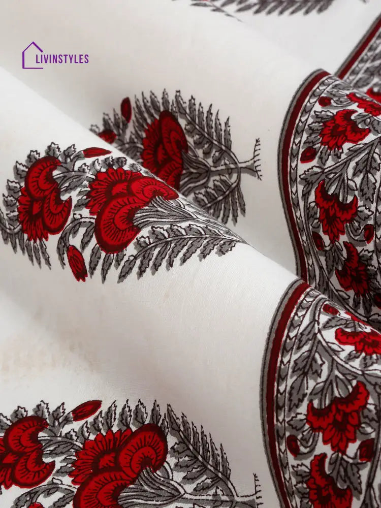 White And Red Floral Print 180 Tc Cotton Double Bed Sheet With 2 Pillow Covers