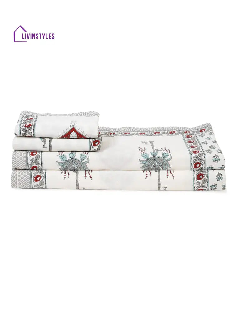 White And Turquoise Cotton Jaipur Print Floral King Size Bedsheet With 2 Pillow Covers