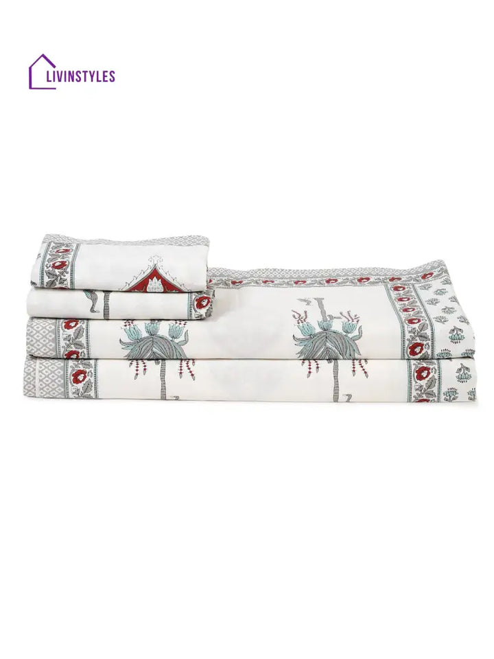 White And Turquoise Cotton Jaipur Print Floral King Size Bedsheet With 2 Pillow Covers