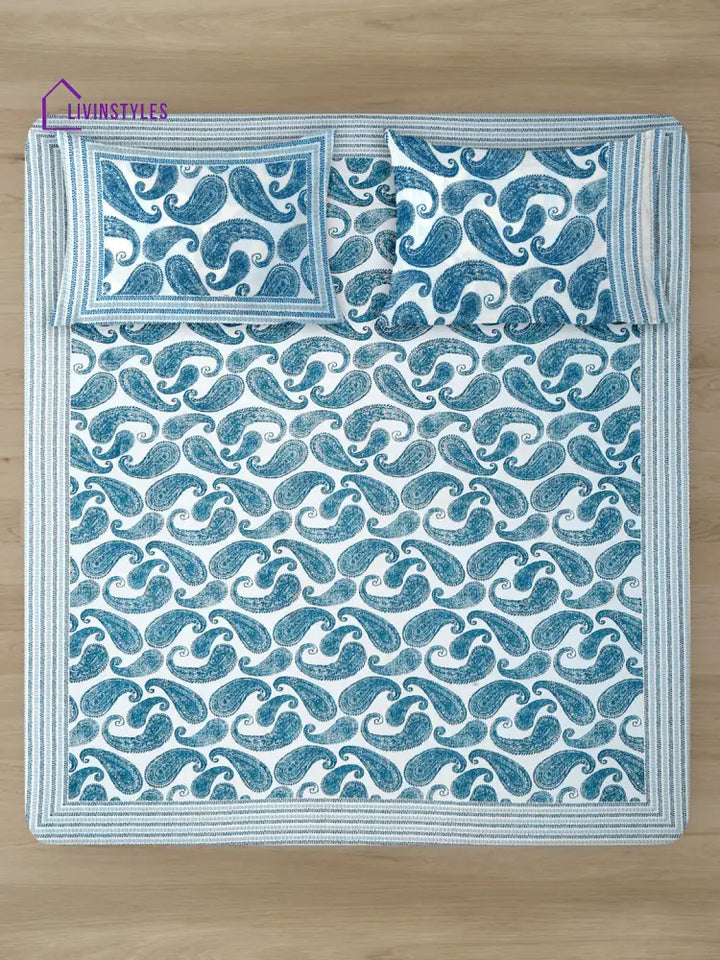 White And Turquoise Paisley Print 180 Tc Cotton Double Bed Sheet With 2 Pillow Covers