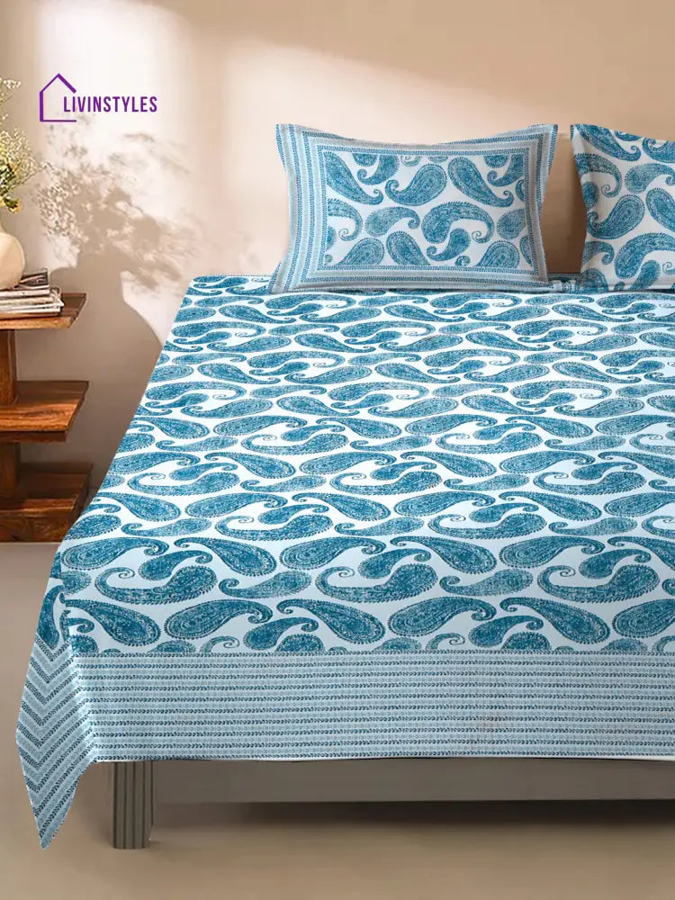 White And Turquoise Paisley Print 180 Tc Cotton Double Bed Sheet With 2 Pillow Covers