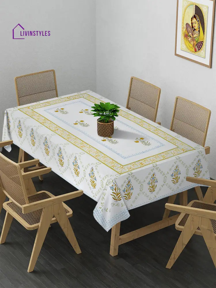 White And Yellow 6 Seater Block Printed Floral Cotton Table Cover-60X90 Inch