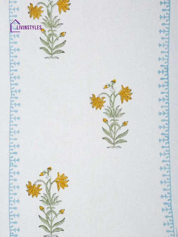 White And Yellow 6 Seater Block Printed Floral Cotton Table Cover-60X90 Inch