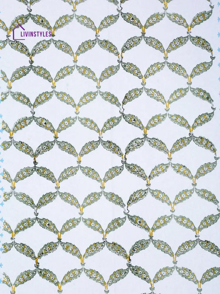 White And Yellow 6 Seater Block Printed Leaf Cotton Table Cover-60X90 Inch