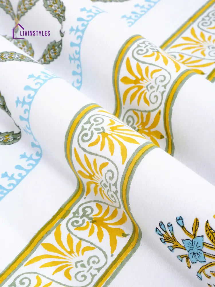 White And Yellow 6 Seater Block Printed Leaf Cotton Table Cover-60X90 Inch