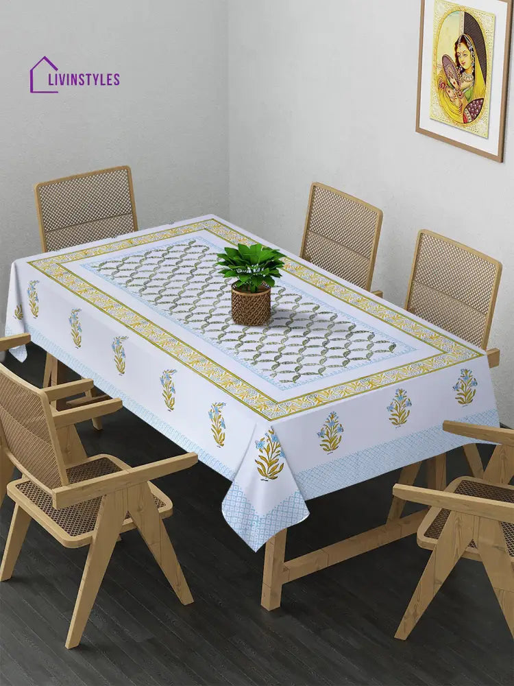 White And Yellow 6 Seater Block Printed Leaf Cotton Table Cover-60X90 Inch