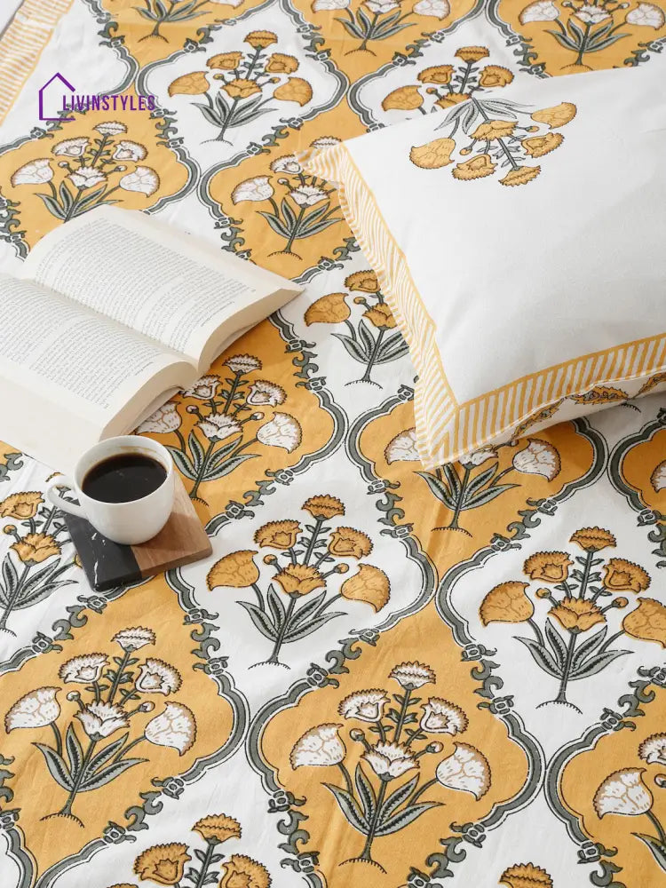 White And Yellow Cotton Jaipur Print Floral King Size Bedsheet With 2 Pillow Covers