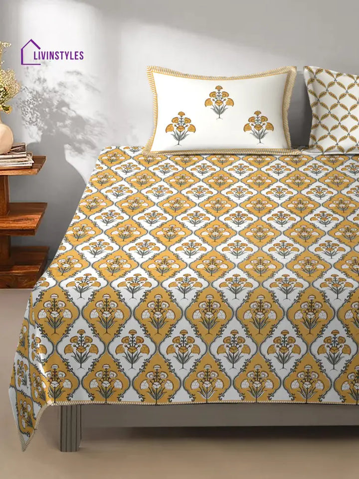 White And Yellow Cotton Jaipur Print Floral King Size Bedsheet With 2 Pillow Covers