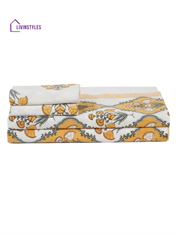 White And Yellow Cotton Jaipur Print Floral King Size Bedsheet With 2 Pillow Covers