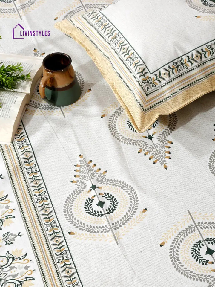 White And Yellow Ethnic Motif 180 Tc Cotton Super King Bed Sheet With 2 Pillow Covers