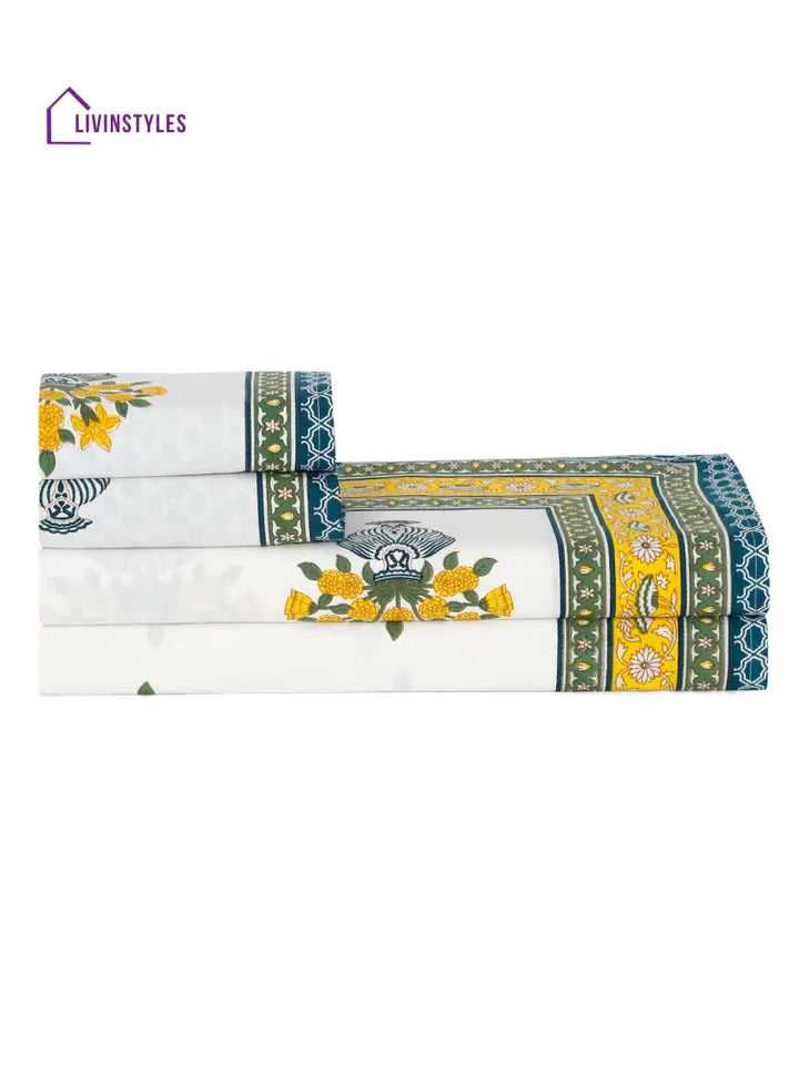 White And Yellow Floral Print 180 Tc Cotton Double Bed Sheet With 2 Pillow Covers