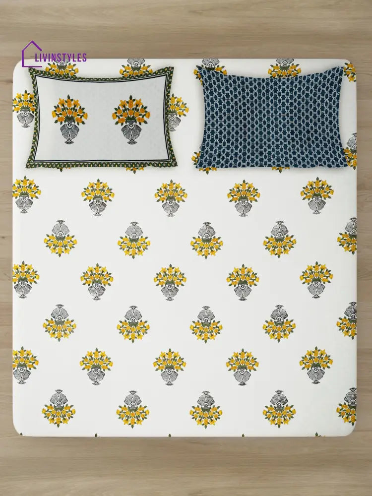 White And Yellow Floral Print 180 Tc Cotton Double Bed Sheet With 2 Pillow Covers