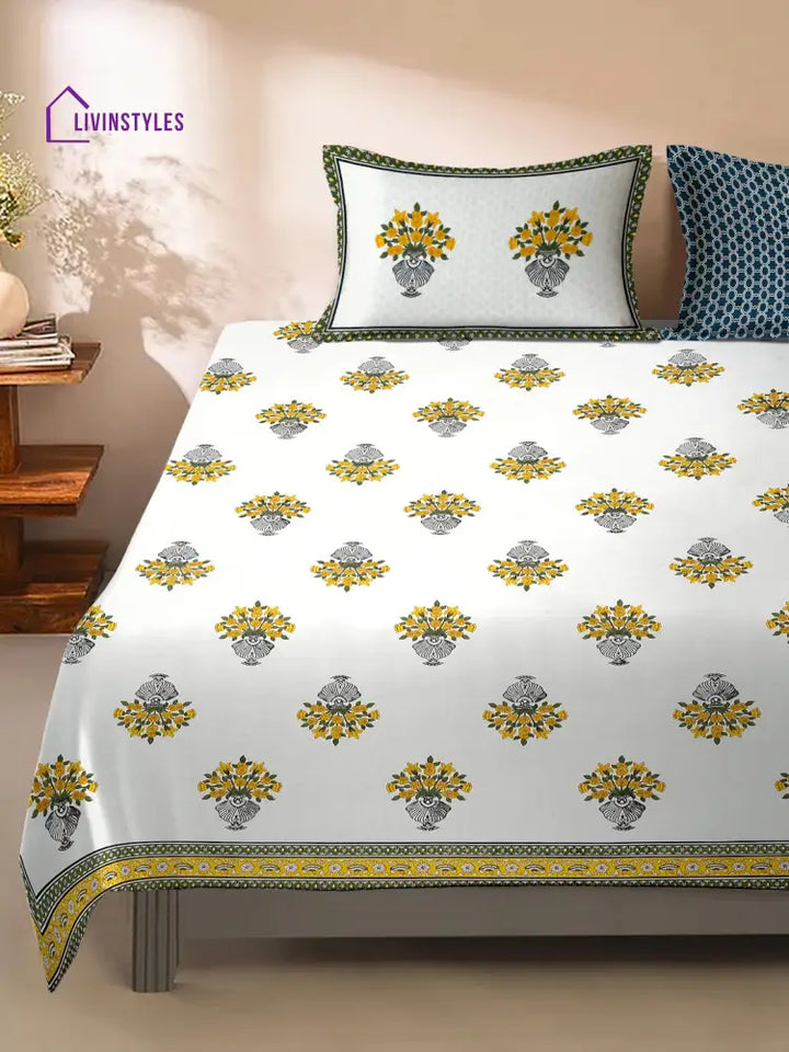 White And Yellow Floral Print 180 Tc Cotton Double Bed Sheet With 2 Pillow Covers