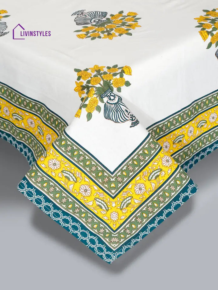 White And Yellow Floral Print 180 Tc Cotton Double Bed Sheet With 2 Pillow Covers