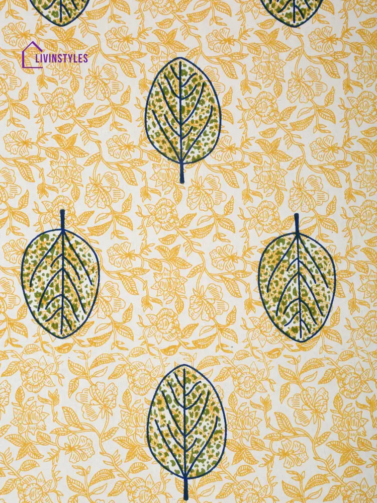 White And Yellow Leaf Printed Cotton Double Bed Sheet With 2 Pillow Covers