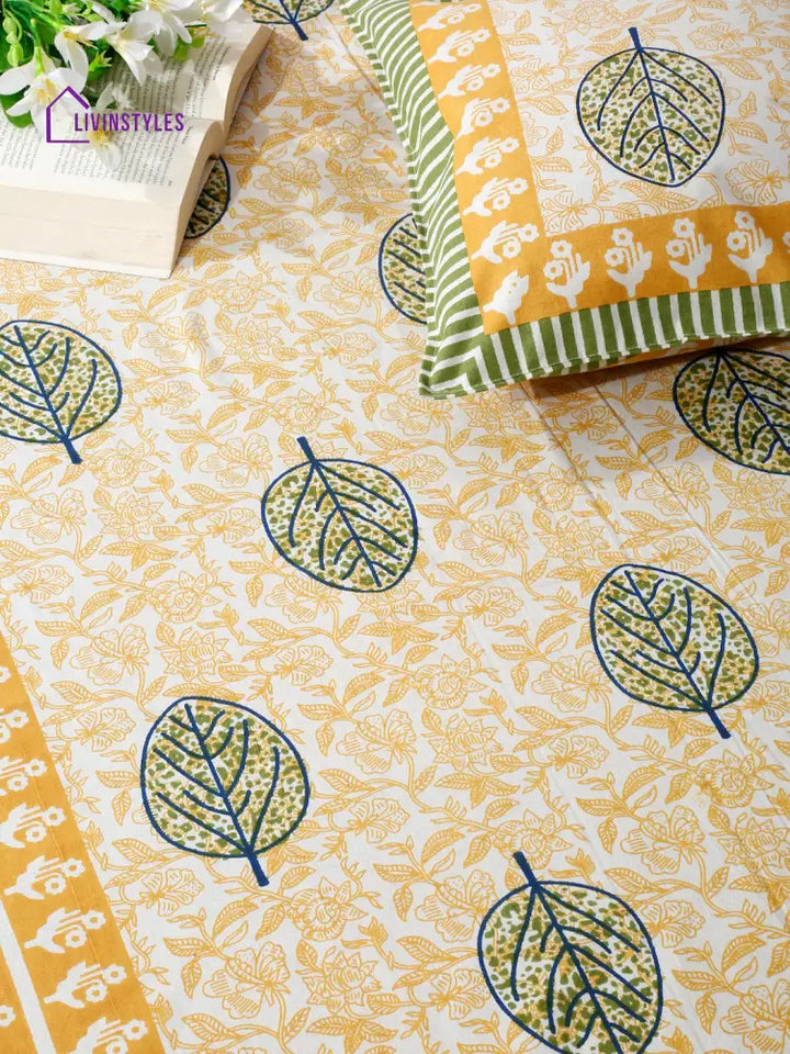 White And Yellow Leaf Printed Cotton Double Bed Sheet With 2 Pillow Covers