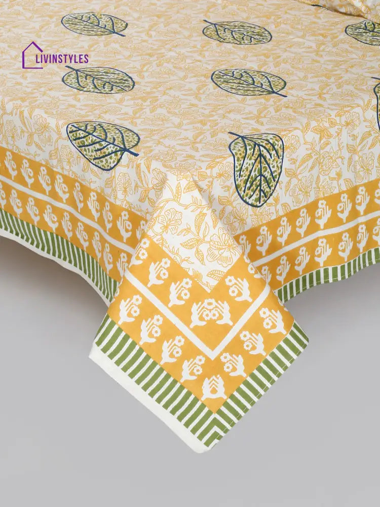 White And Yellow Leaf Printed Cotton Double Bed Sheet With 2 Pillow Covers