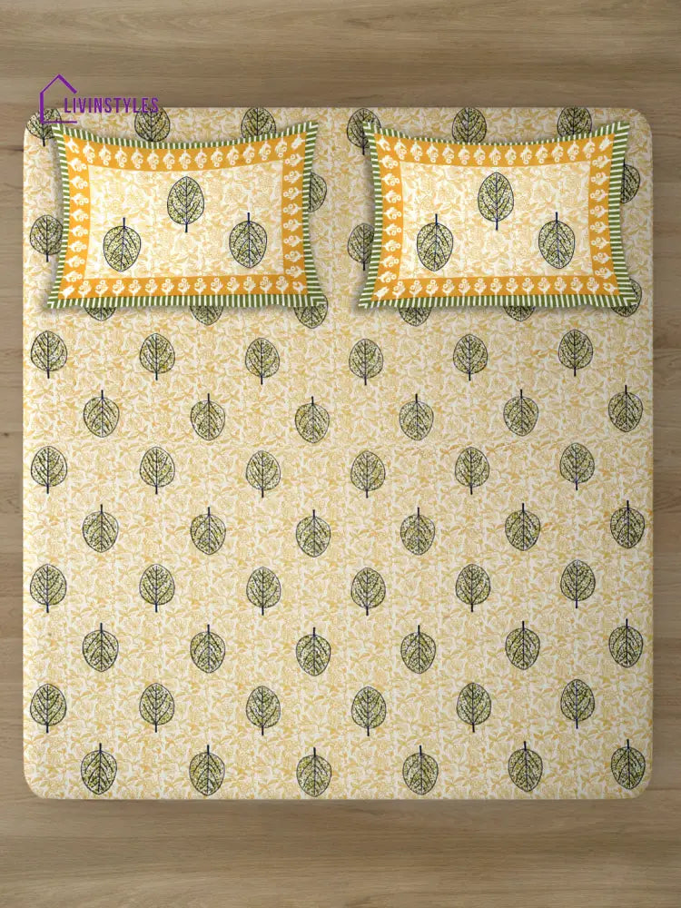 White And Yellow Leaf Printed Cotton Double Bed Sheet With 2 Pillow Covers