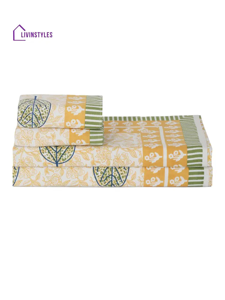 White And Yellow Leaf Printed Cotton Double Bed Sheet With 2 Pillow Covers