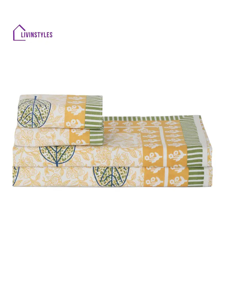 White And Yellow Leaf Printed Cotton Double Bed Sheet With 2 Pillow Covers