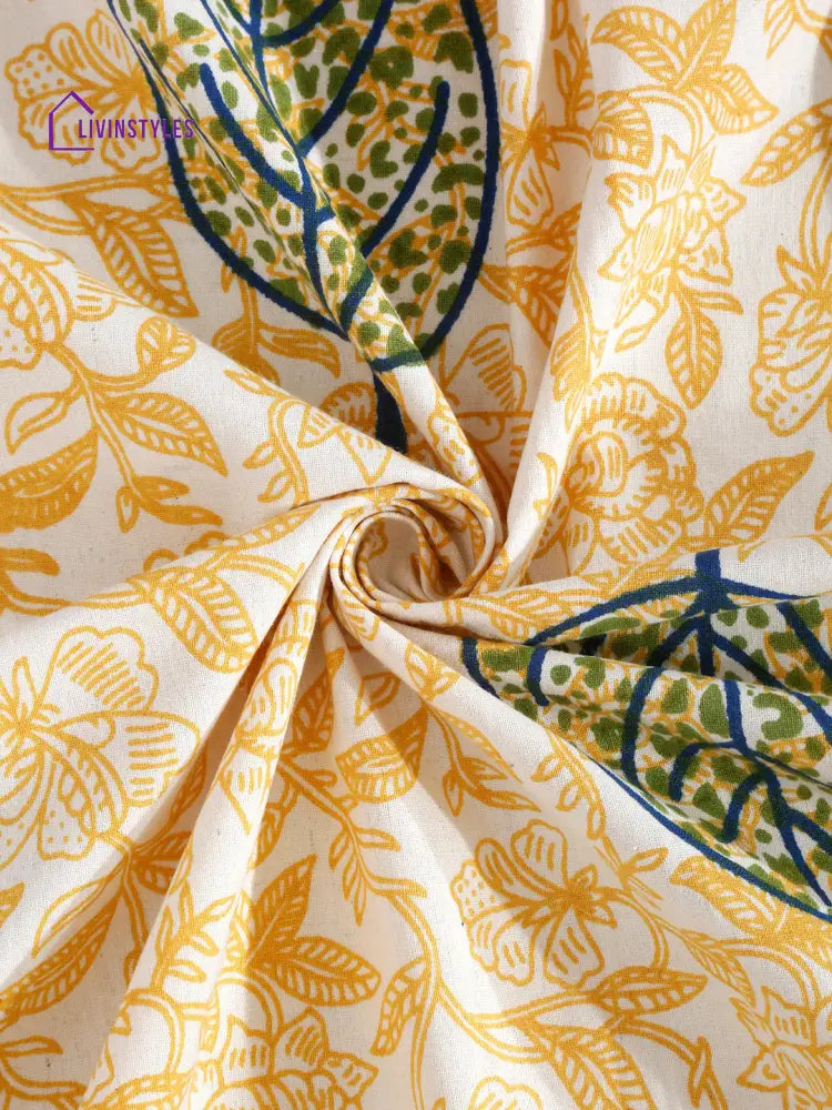 White And Yellow Leaf Printed Cotton Double Bed Sheet With 2 Pillow Covers