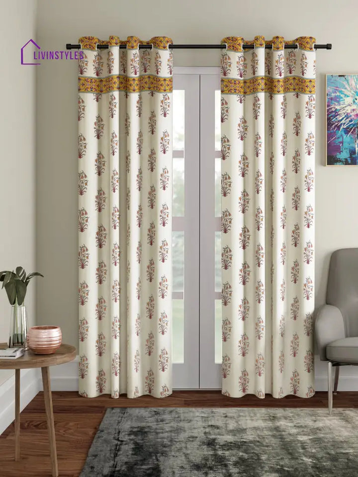 White And Yellow Pure Cotton Floral Print Door Curtain - Set Of 2 (47X85 Inch)