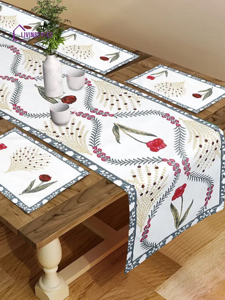 White And Yellow Set Of 7 Cotton Printed Table Mat Runner