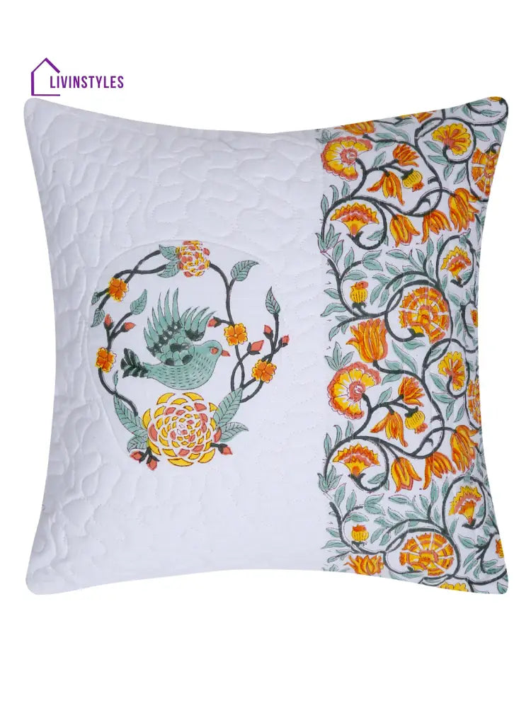 White Color Hand Block Quilted Pure Cotton Yellow Floral And Bird Printed Cushion Cover Set Of 2