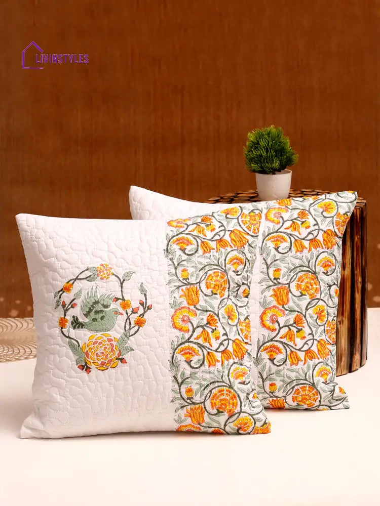 White Color Hand Block Quilted Pure Cotton Yellow Floral And Bird Printed Cushion Cover Set Of 2