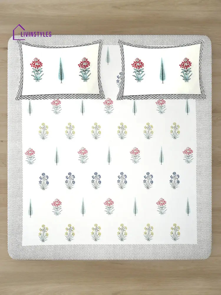 White Cotton Floral Print King Bed Sheet With 2 Pillow Covers