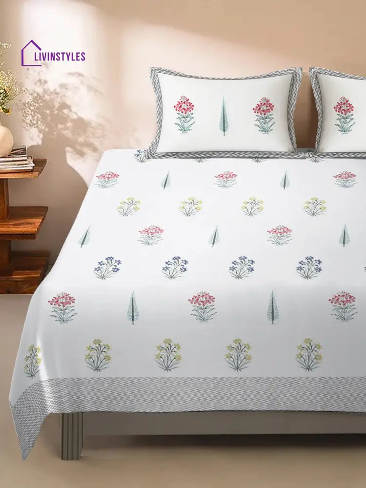 White Cotton Floral Print King Bed Sheet With 2 Pillow Covers