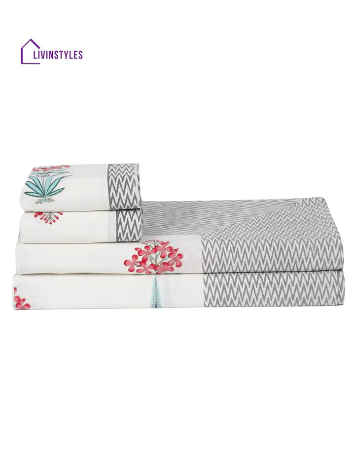 White Cotton Floral Print King Bed Sheet With 2 Pillow Covers