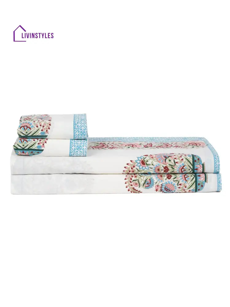 White Cotton Paisley Print King Bed Sheet With 2 Pillow Covers