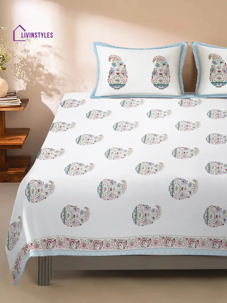 White Cotton Paisley Print King Bed Sheet With 2 Pillow Covers