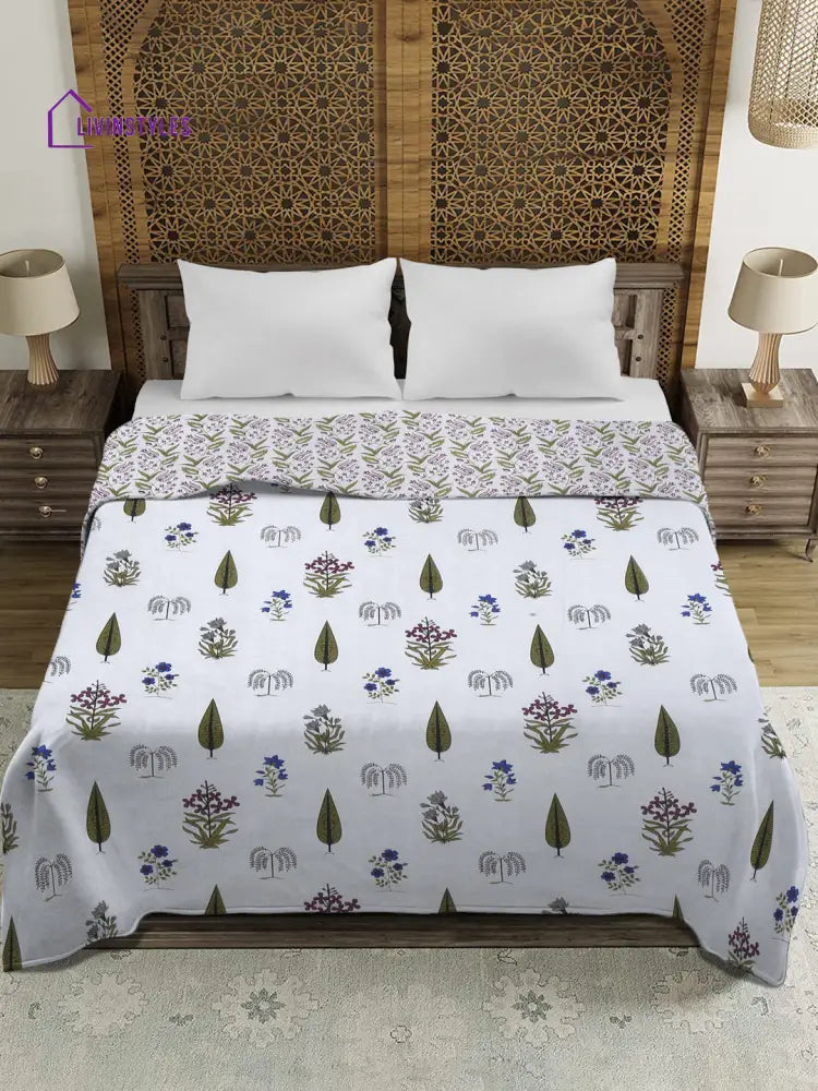 White Ethnic Printed 120 Gsm Revesible Cotton Double Bed Ac Dohar