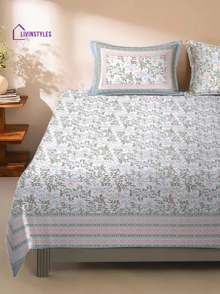 White Floral Print 144 Tc Cotton Double Bed Sheet With 2 Pillow Covers