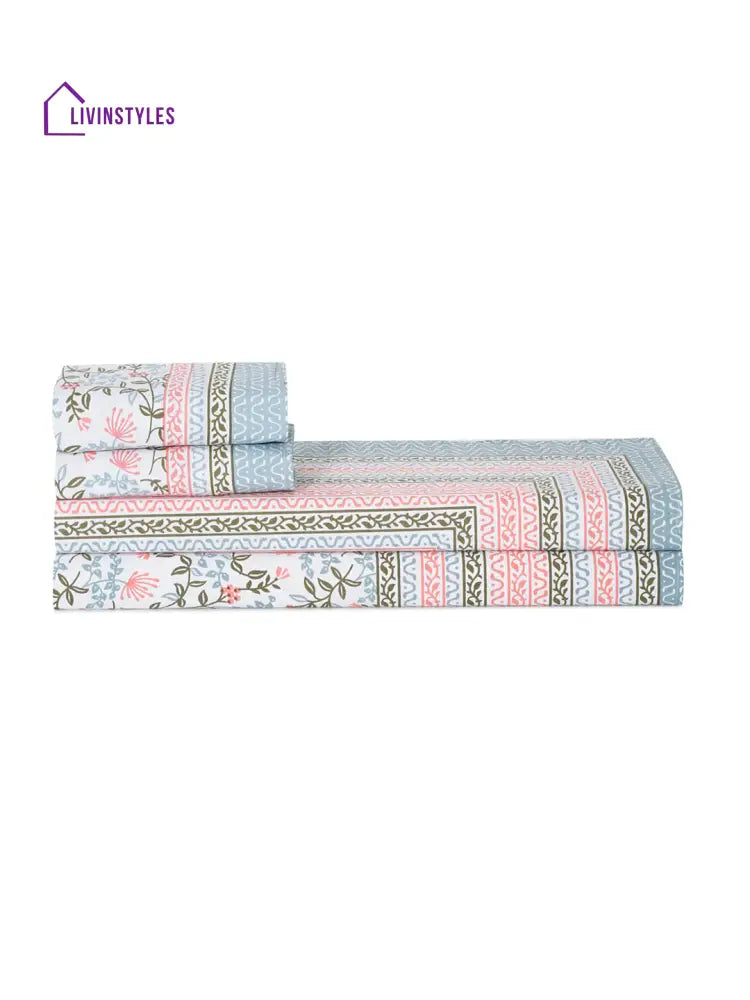 White Floral Print 144 Tc Cotton Double Bed Sheet With 2 Pillow Covers