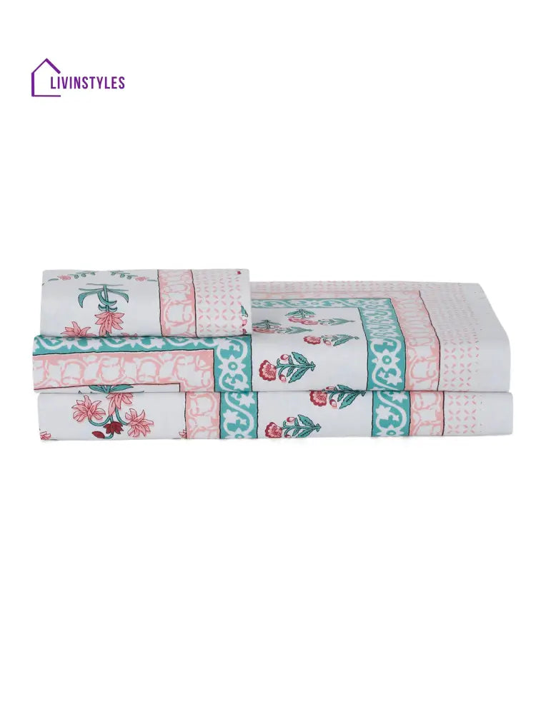 White Floral Print 144 Tc Cotton Single Bed Sheet With 1 Pillow Cover