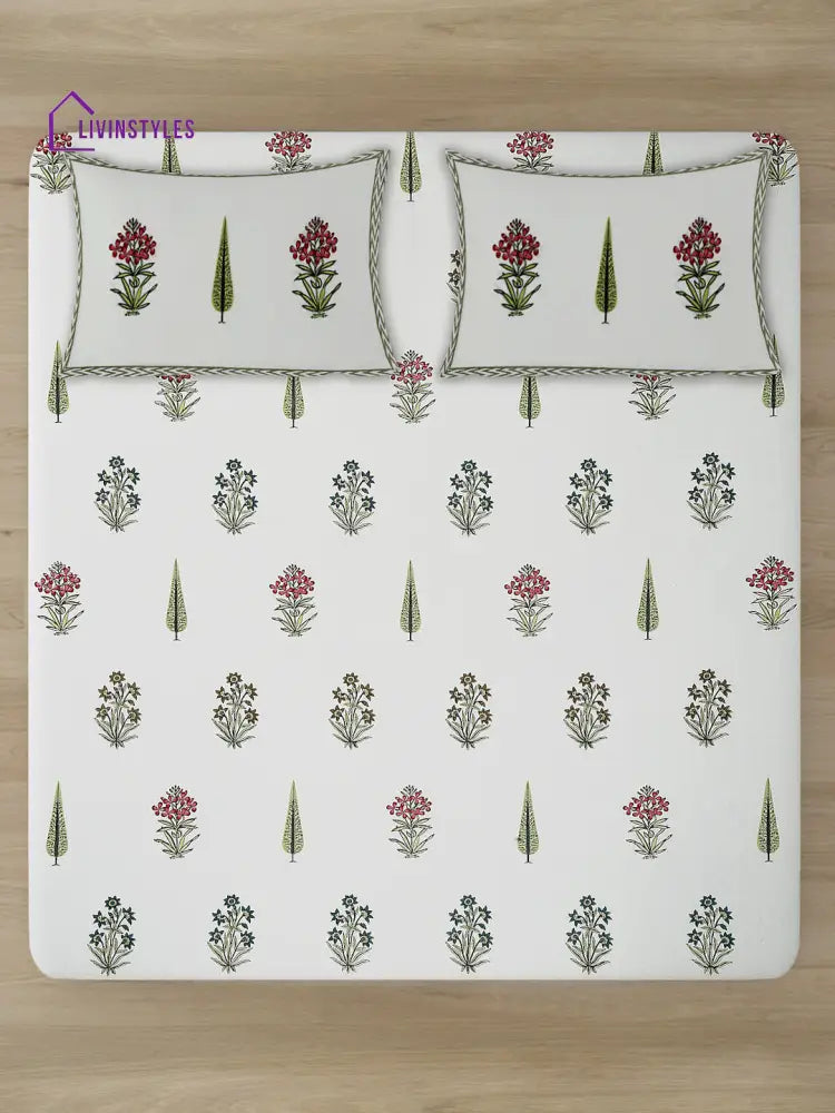 White Floral Print 180 Tc Cotton King Bed Sheet With 2 Pillow Covers