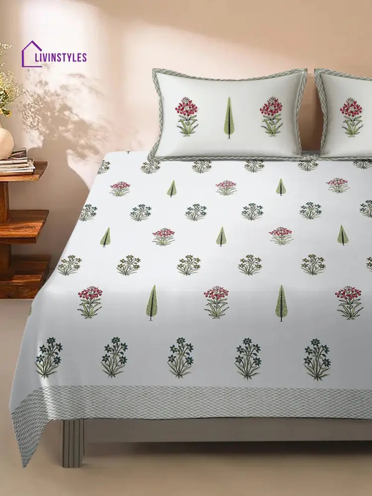 White Floral Print 180 Tc Cotton King Bed Sheet With 2 Pillow Covers