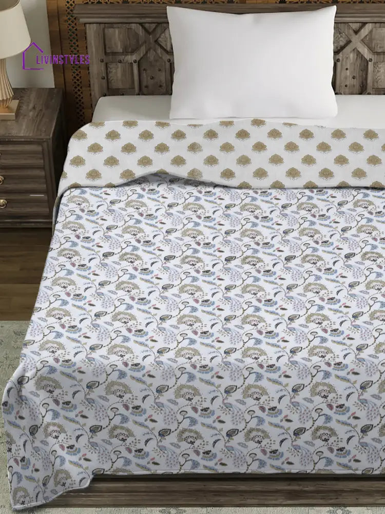 White Floral Printed 120 Gsm Revesible Cotton Single Bed Ac Dohar