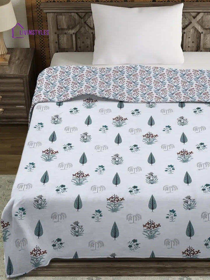 White Floral Printed 120 Gsm Revesible Cotton Single Bed Ac Dohar